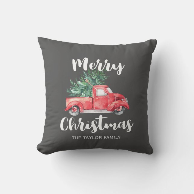 Red Truck and Tree | Gray Christmas Throw Pillow (Front)