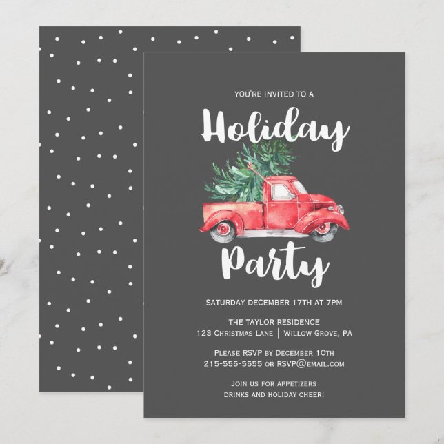 Red Truck and Tree | Gray Holiday Party Invitation (Front/Back)