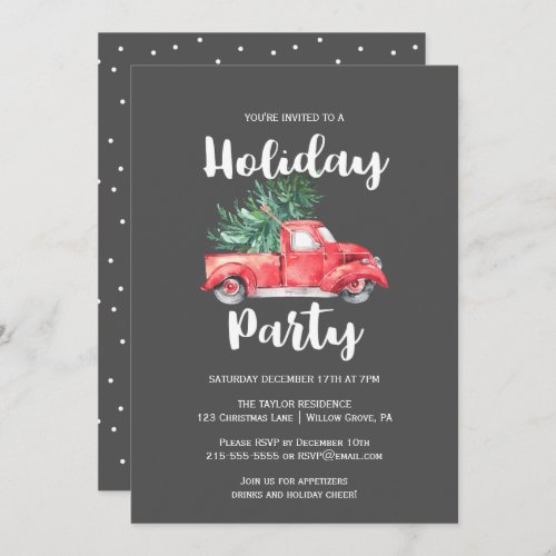 Red Truck and Tree  Gray Holiday Party Invitation