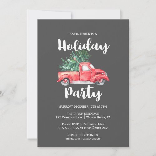 Red Truck and Tree  Gray Holiday Party Invitation