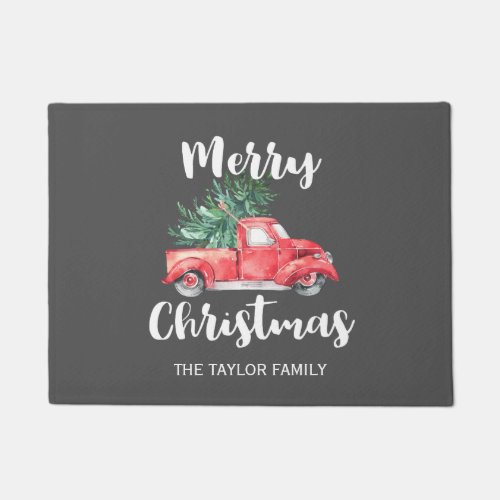 Red Truck and Tree  Gray Merry Christmas Doormat