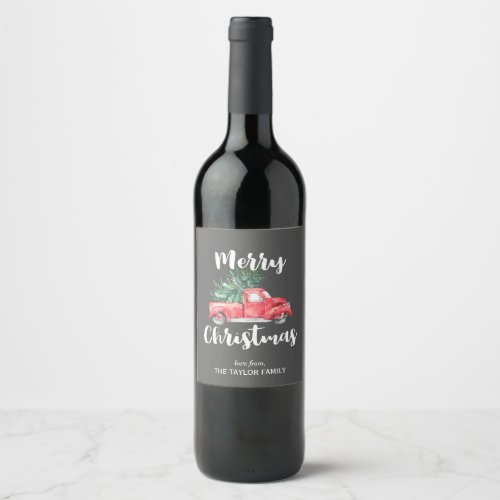 Red Truck and Tree  Gray Merry Christmas Gift Wine Label
