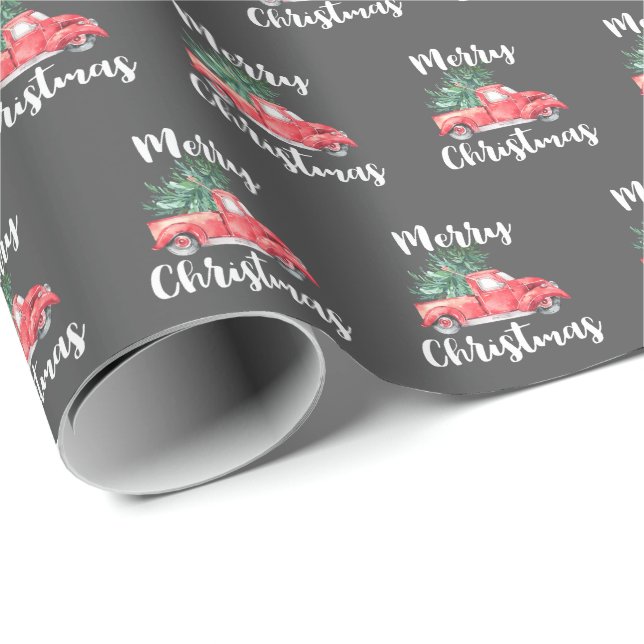 Red Truck and Tree | Gray Merry Christmas Gift Wrapping Paper (Roll Corner)