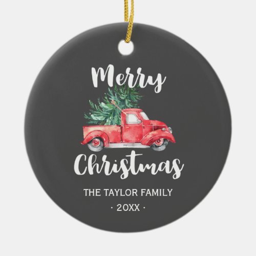 Red Truck and Tree  Gray Merry Christmas Holiday Ceramic Ornament
