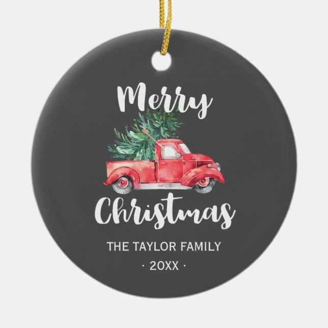 Red Truck and Tree | Gray Merry Christmas Holiday Ceramic Ornament (Front)