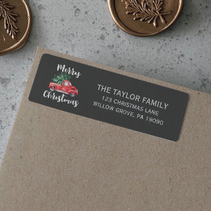 Red Truck and Tree Gray Merry Christmas Label