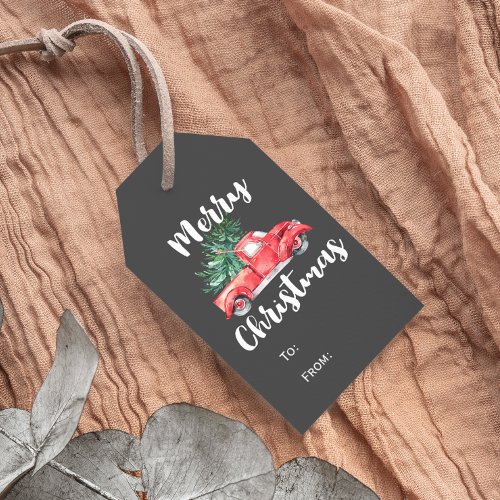 Red Truck and Tree  Gray Merry Christmas Name Gift Tags