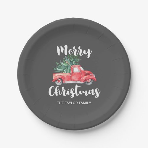 Red Truck and Tree  Gray Merry Christmas Party Paper Plates