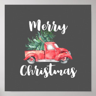 Red Truck and Tree   Gray Merry Christmas Poster