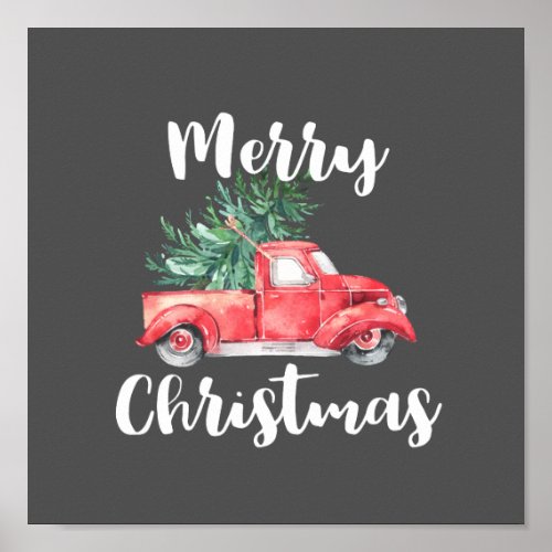 Red Truck and Tree  Gray Merry Christmas Poster