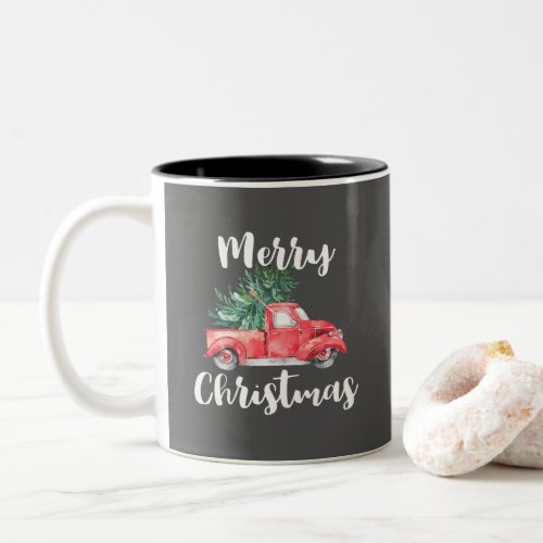 Red Truck and Tree  Gray Merry Christmas Two_Tone Coffee Mug
