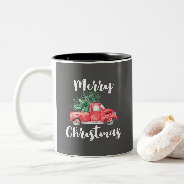 Red Truck and Tree | Gray Merry Christmas Two-Tone Coffee Mug (With Donut)