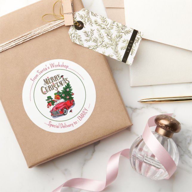  Red Truck and Tree & Happy Snowman  Classic Round Sticker (Gifting)