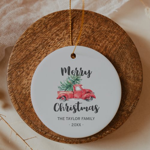 Red Truck and Tree Merry Christmas Holiday Ceramic Ornament