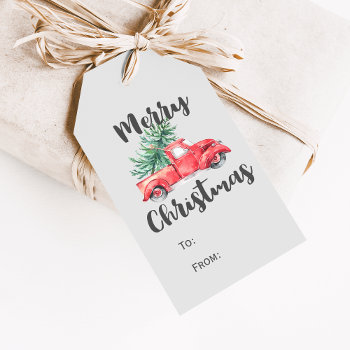 Red Truck And Tree Merry Christmas Name Gift Tags by ChristmasPaperCo at Zazzle