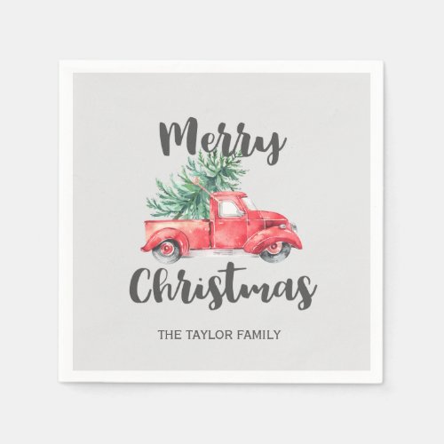 Red Truck and Tree Merry Christmas Party Napkins