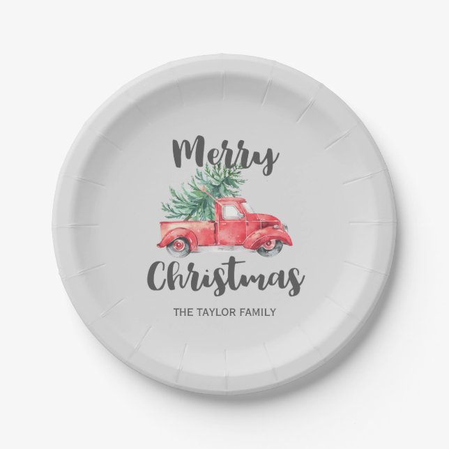 Red Truck and Tree Merry Christmas Party Paper Plates (Front)