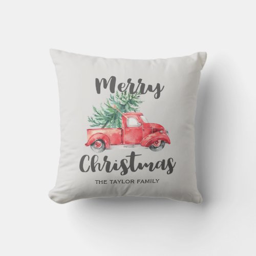 Red Truck and Tree Merry Christmas Throw Pillow
