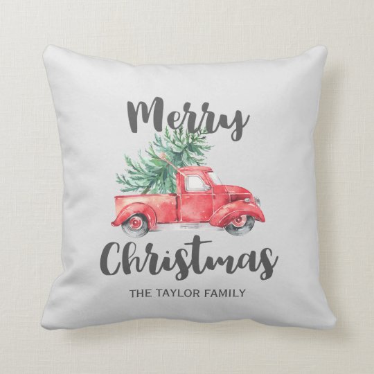 Red Truck and Tree Merry Christmas Throw Pillow