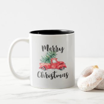 Red Truck And Tree Merry Christmas Two-tone Coffee Mug by ChristmasPaperCo at Zazzle