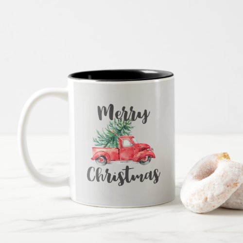 Red Truck and Tree Merry Christmas Two_Tone Coffee Mug