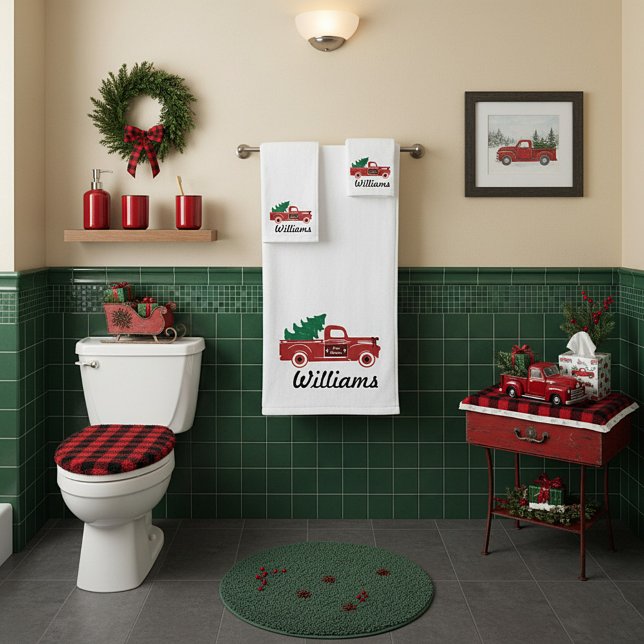 Red truck and tree personalized bath towel set (Creator Uploaded)