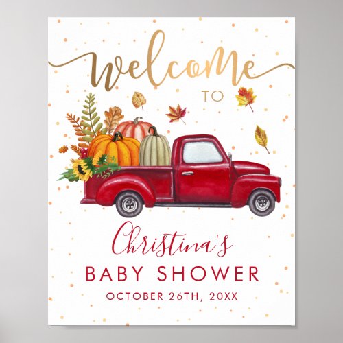 Red Truck Autumn Pumpkin Fall Baby Shower Welcome Poster