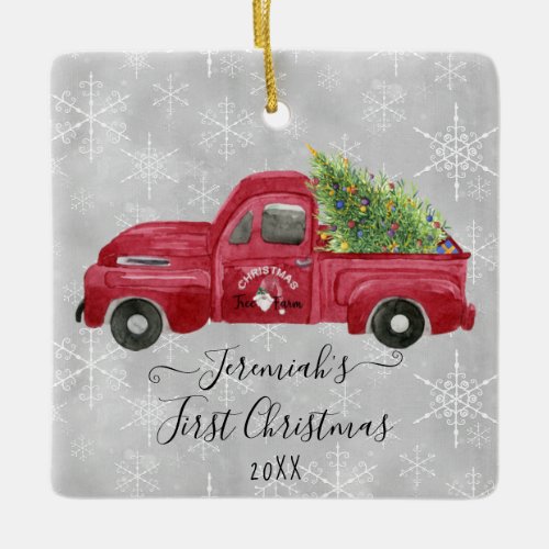 Red Truck Baby First 1st Christmas Tree Name Photo Ceramic Ornament