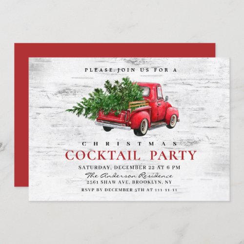 Red Truck Birch Christmas Holiday Cocktail Party Invitation