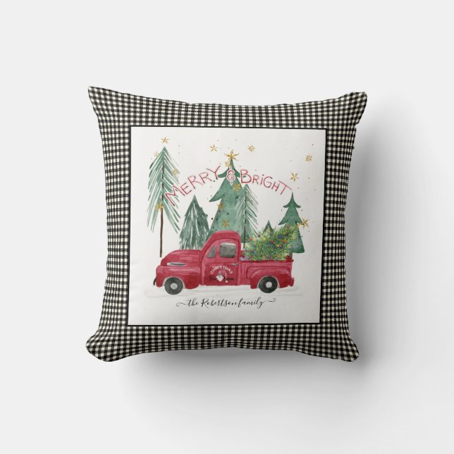 Red Truck Black White Buffalo Check Farmhouse Throw Pillow (Front)