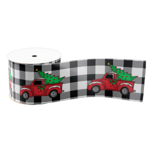 Red Truck Black White Buffalo Check Pattern Grosgrain Ribbon