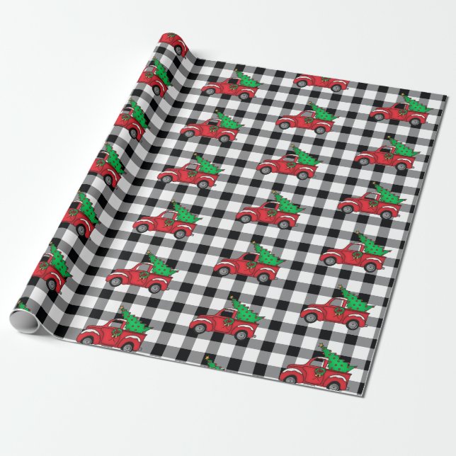 Red Truck | Black | White Buffalo Check Pattern Wr Wrapping Paper (Unrolled)
