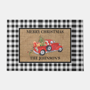 Red Truck Black & White Check Burlap Christmas Doormat