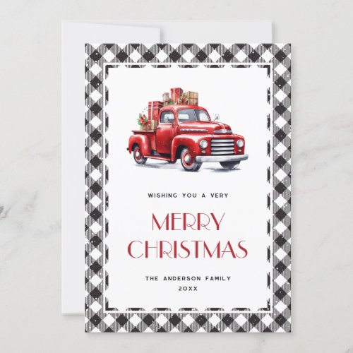 Red Truck Black White Plaid Merry Christmas Card