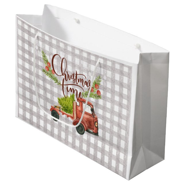 Red Truck Buffalo Check Christmas Gift Bag (Front Angled)