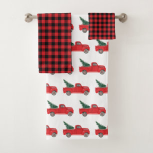 Red Truck Buffalo Check Pattern Bath Towel Set