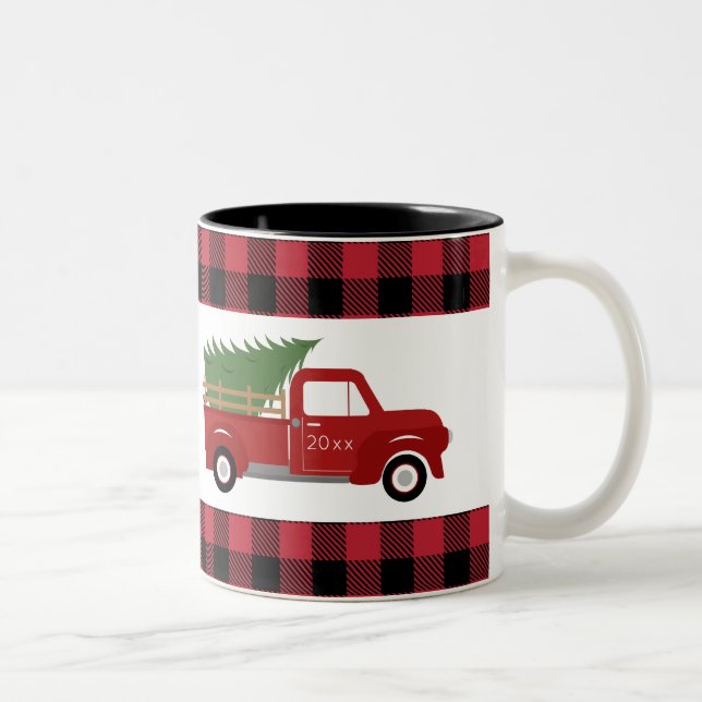 Red Truck Buffalo Plaid Christmas Coffee Two-Tone Coffee Mug (Right)
