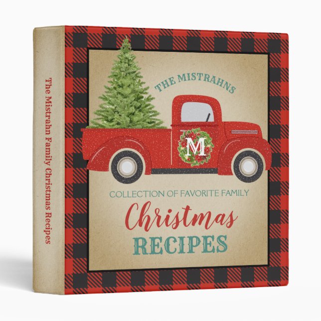 Red Truck Buffalo Plaid Christmas Recipes Cookbook 3 Ring Binder (Front/Spine)