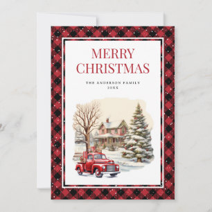 Red Truck Buffalo Plaid Merry Christmas Holiday Card