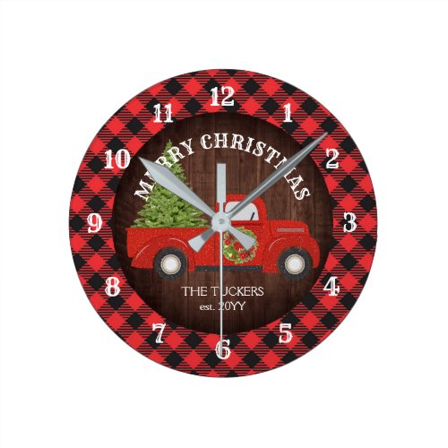 Red Truck Buffalo Plaid Rustic Wood Christmas Round Clock