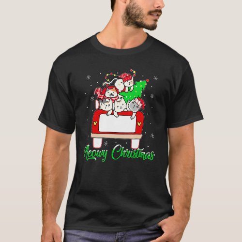 Red Truck Cats Xmas Tree Santa Meowy Cat Christmas T_Shirt