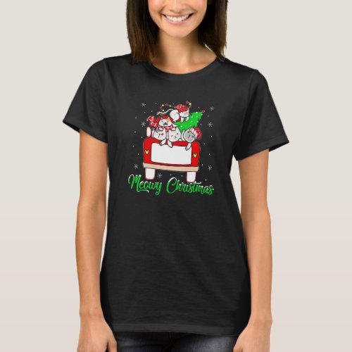 Red Truck Cats Xmas Tree Santa Meowy Cat Christmas T_Shirt