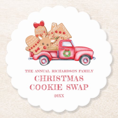 Red Truck Christmas Cookie Swap Paper Coaster