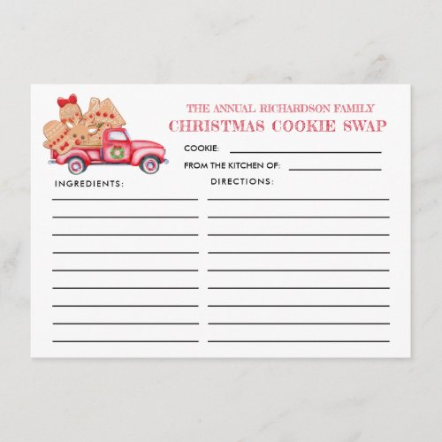 Red Truck Christmas Cookie Swap Recipe Card
