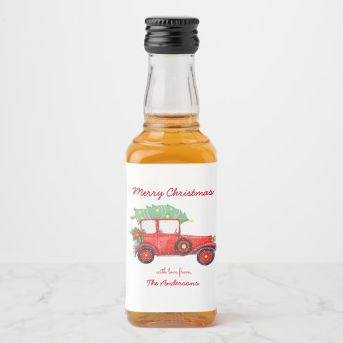 Red Truck Christmas Green Tree Holiday    Liquor Bottle Label