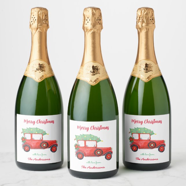 Red Truck Christmas Green Tree Holiday    Sparkling Wine Label (Bottles)