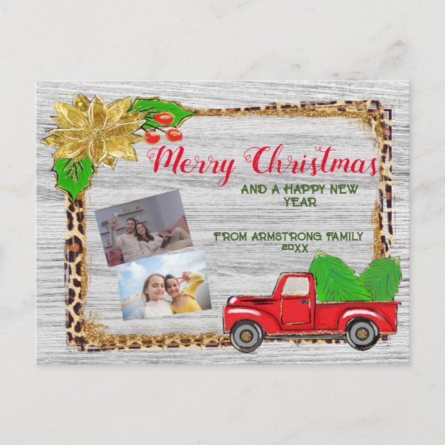 Red Truck Christmas | Personalized Family Photo Holiday Postcard (Front)
