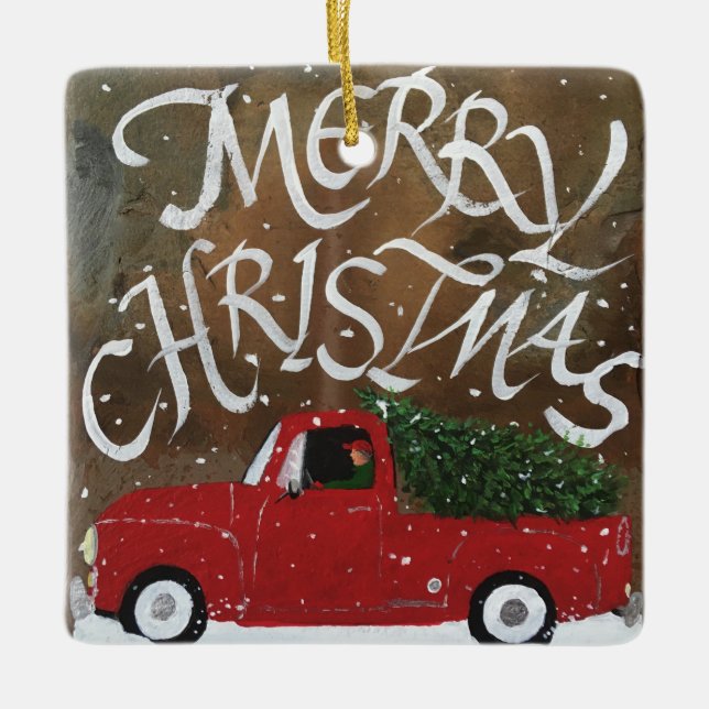 Red Truck Christmas Tree Ceramic Ornament (Front)