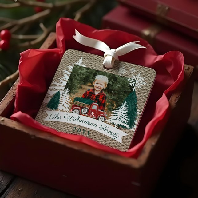 Red Truck Christmas Tree Delivery Burlap Photo  Metal Ornament (Red Truck Christmas Tree Delivery Burlap Photo Metal Ornament)
