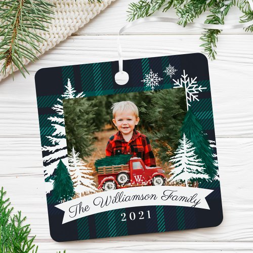 Red Truck Christmas Tree Delivery Navy Plaid Photo Metal Ornament
